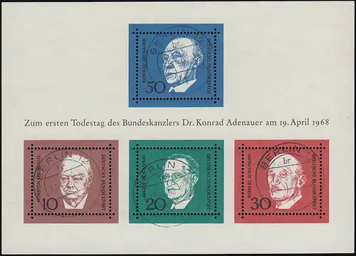 Block 4 Konrad Adenauer 1968- vier zentrische Ersttagsstempel BERLIN 19.4.68
