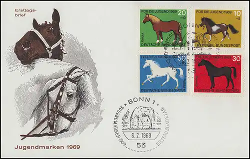 578-581 Jugendmarken Pferde 1969 - Satz auf Schmuck-FDC ESSt Bonn 6.2.69