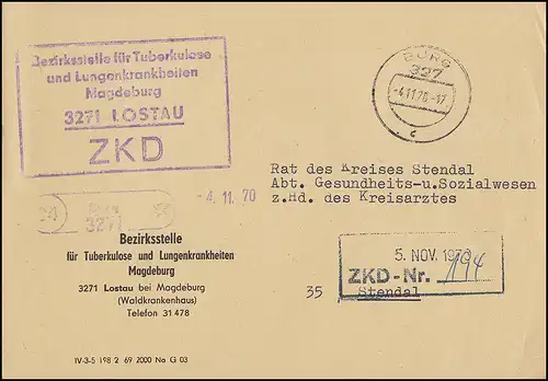 Lettre ZKD Département de la tuberculose Lostau Postelle 34 Château 3271, BURG 4.11.70