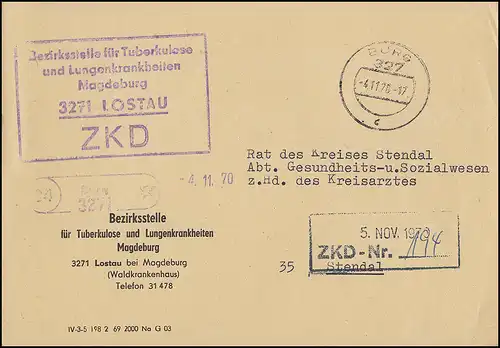 ZKD-Brief Bezirksstelle Tuberkulose Lostau Postelle 34 Burg 3271, BURG 4.11.70