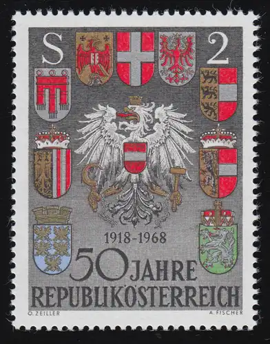1275 50 Jahre Rep. Österreich, Staatswappen Republik + Bundesländer, 2 S ** 