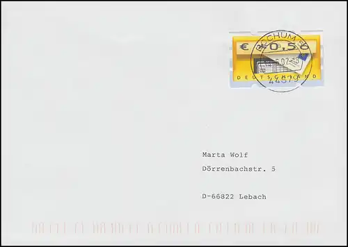 5.2 Samkyung 0,56 Euro als EF mit AQ, Fernbrief BOCHUM 18.6.2002, codiert