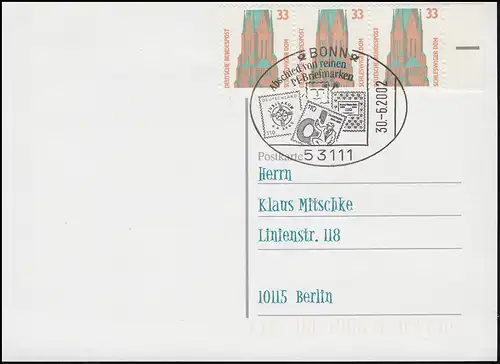 1399 SVK 33 Pf. bande de trois bandes portogrechte MeF Carte postale SSt Bonn 30.6.02