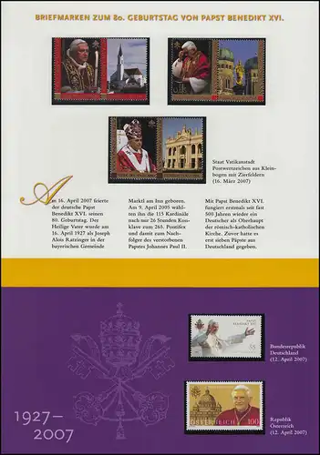 Post-Edition: 80. Geburtstag Papst Benedikt XVI. 1927-2007, mit 5 Marken 2007 **