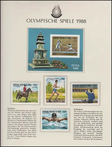 Jeux olympiques 1988 Séoul - Congo, 1 x bloc + ensemble non-denté, sports **