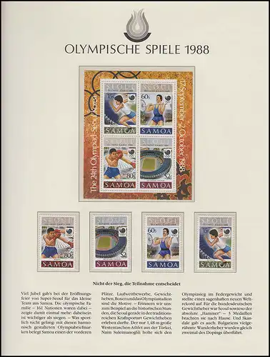 Jeux olympiques 1988 Séoul - Samoa, 1 bloc, un ensemble, sports, frais de port **