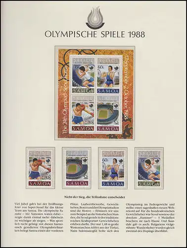 Olympische Spiele 1988 Seoul - Samoa, 1 Block, 1 Satz, Sportarten, postfrisch **