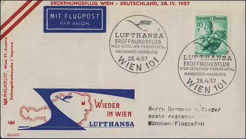 Eröffnungsflug Lufthansa Luftpost Wien 101 / München 28.4.1957 Wieder in Wien