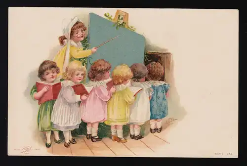 Kinder spielen Schule & Lehrer mit Tafel sign. E.DL, Kopal Serie 214 ungebraucht