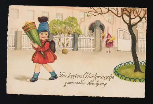 AK ERIKA Nr. 6389 Kinder Schule Schulgang Mädchen Schultüte, beschriftet 1930