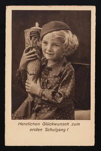 Foto AK Nr. 1879 blondes Mädchen Kleid Schultüte, 1. Schulgang Glauchau 9.4.1937