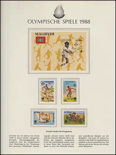 Jeux olympiques 1988 Séoul - Maldives Block + ensemble, tennis, Diskus, gymnases **