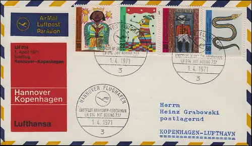 Erstflug Luftpost Lufthansa LH 014 Boeing 737, Hannover / Kopenhagen 1.4.1971