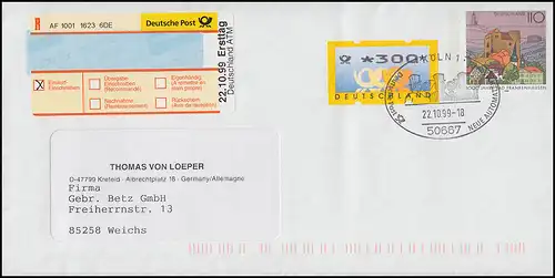 3.2 Posthörner 300 auf USo 6Y mit S-R-Z Ersttag Deutschland ATM, ESSt 22.10.99