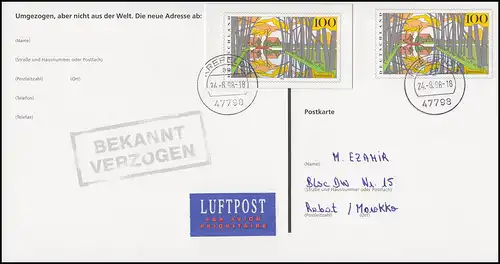 Eine PSo 54 ET-O KREFELD 24.8.98 ins Ausland, mit Set-Quittung vom Ersttag