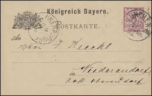 Postkarte Ziffer 5 Pf lila ohne DV: MÜNCHEN III. - 17.12.1884 nach Niederaudorf