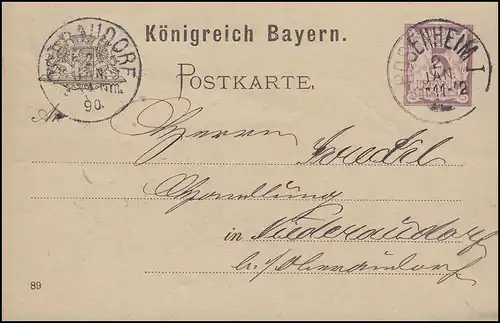 Bayern Postkarte Ziffer 5 Pf lila DV 89: ROSENHEIM  - 2.1.1890 nach Niederaudorf