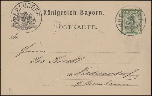 Bayern P 38/09 Ziffer 5 Pf grün DV 90: MÜNCHEN - 18.10.1890 nach Niederaudorf