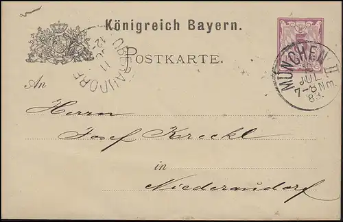 Carte postale numéro 5 Pfila sans DV: MÜNCHEN - 10.7.1883 vers Niederaudorf