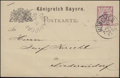 Postkarte Ziffer 5 Pf lila ohne DV: MÜNCHEN - 10.7.1883 nach Niederaudorf
