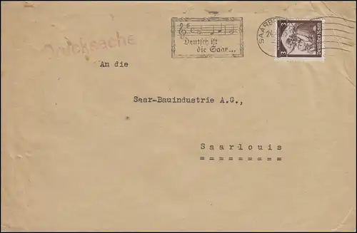Werbestempel "Deutsch ist die Saar..." auf Drucksache SAARBRÜCKEN 24.4.1935