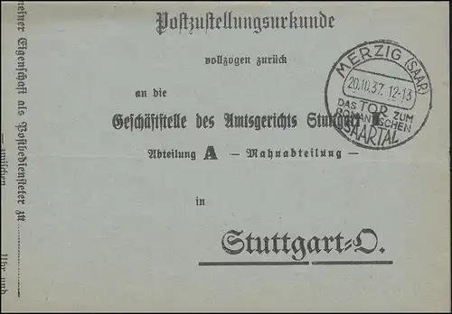 Postzustellungsurkunde mit SSt. MERZIG Das Tor zum romantischen Saartal 30.10.37