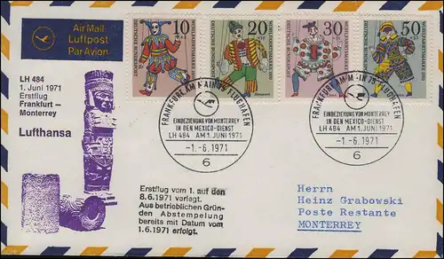 Premier vol Lufthansa LH 484 Frankfurt Main /Monterrey cacheté 1.6./ 9.6.1971