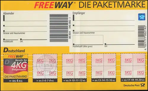 Adresse de la liste des colis PZ 9 Freeway D 4 KG, cachet du premier jour KREFELD 17.5.99