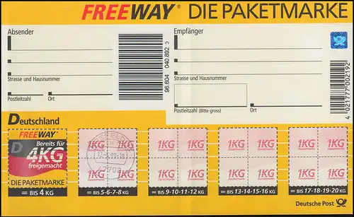 Paketadresszettel PZ 9 Freeway D 4 KG, Ersttagsstempel KREFELD 17.5.99