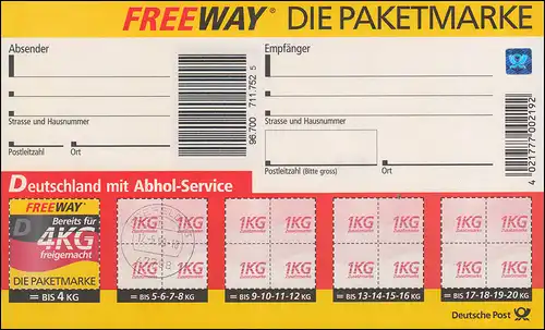 PZ 10 Deutschland-Abholservice 4 KG mit Ergänzungsmarke, Freeway ET-O 17.5.99