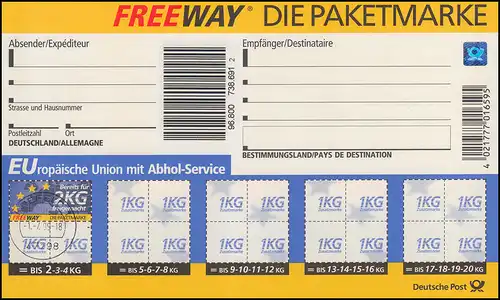 Paketadresszettel PZ 11 EU-Abholservice 2 KG mit Ergänzungsmarke, ET-O 1.7.1999