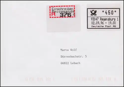 ABAS Das erste automatische Briefannahmesystem REGENSBURG als R-FDC 2.9.1996
