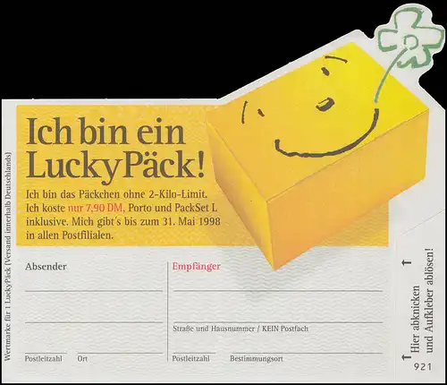 LuckyPäck Päckchenadresszettel PZ 5 II Stanzung rund **, mit ET-Quittung 21.3.98