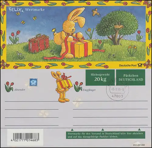 Päckchenadresszettel PZ 6/05 Felix  DEUTSCHLAND, Ersttagsstempel KREFELD 8.3.99