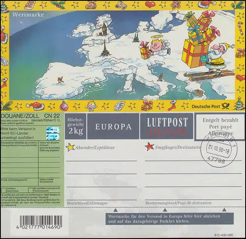 Päckchenadresszettel PZ 7/01 Weihnachten EUROPA, Ersttagsstempel KREFELD 1.10.98