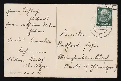 Mädchen sitzt auf Bank im Garten schreibt auf Schiefertafel, gelaufen 27.3.1940