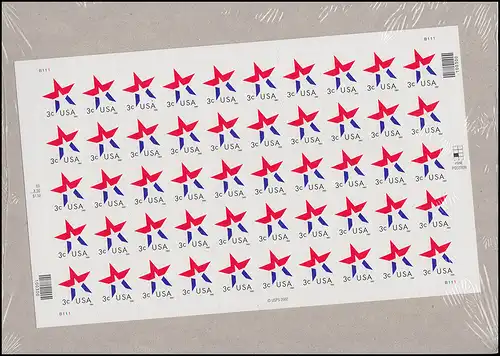 USA - feuille de feuille Étoile 2002 avec 10x5 timbres autocollants, frais de port **