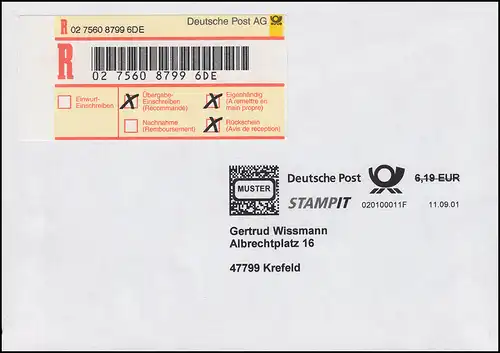 Postautomation: STAMPIT (PC-Frankatur) - MUSTER mit R-Label vom 11.9.2001