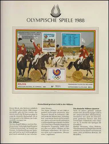 Olympia 1988 Séoul - Bolivie Block, vainqueur olympia dans le military, post-fraîchissement **