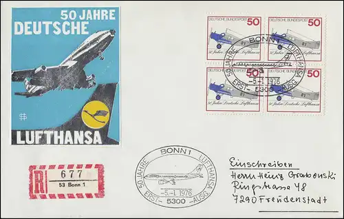 50 Jahre Deutsche Lufthansa R-Brief Erstausgabe Bonn 5.1.1976
