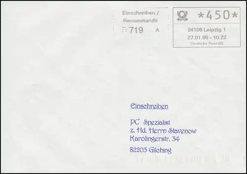 ABAS-Fehlschriften Leipzig am 27.1.1996: lettre recommandée avec couleur rouge manquant, codé