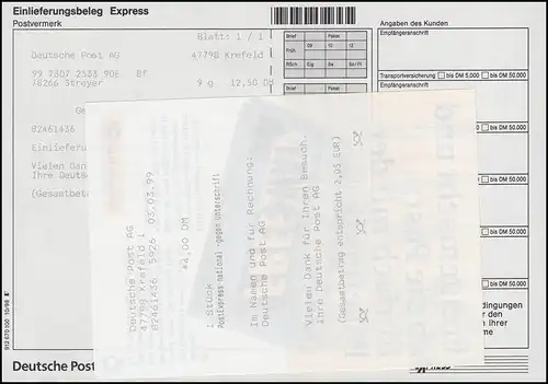 PostExpress Zustellung gegen Unterschrift ab 3.3.99: FDC SWK-MiF KREFELD 3.3.99
