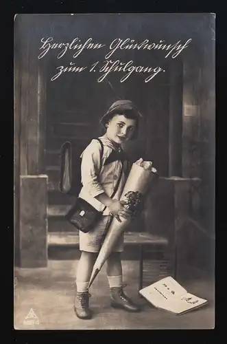 Foto AK PH 5381-3 Junge Schulbuch Tüte, Tornister Schule, Niederoderwitz 19.4.27