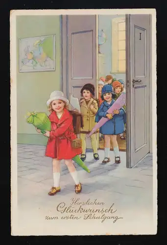 AK MB 3464 Mädchen gehen lächelnd aus Klassenzimmer Schule, Magdeburg 3.4.1932