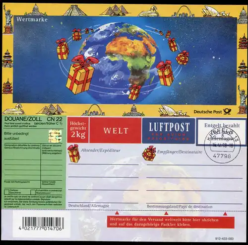 PZ 8/02 Bonjour MONDE, AVANT VENDRE 1er jour-O KREFELD 16.12.98 avec le menu ET !