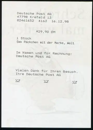 PZ 8/02 Bonjour MONDE, AVANT VENDRE 1er jour-O KREFELD 16.12.98 avec le menu ET !