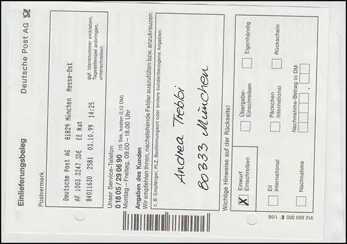 Sonder-R-Zettel Oktoberfest auf USo 5 BIIIY mit ATM 300 - SSt MÜNCHEN 3.10.99