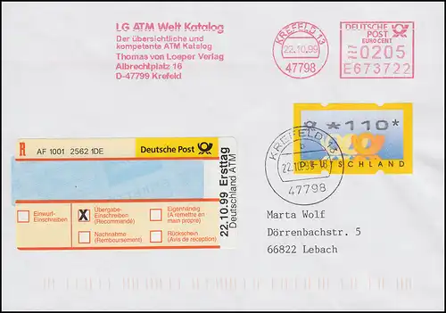 Sonder-R-Zettel 22.10.99 ATM-Ersttag R-FDC mit 3.2 ATM 110 +AFS 205 ET-O KREFELD