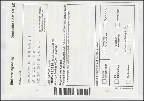 Point R spécial 22.10.99 Premier jour ATM R-FDC avec 3.2 ATM 110 + AFS 205 ET-O KREFELD