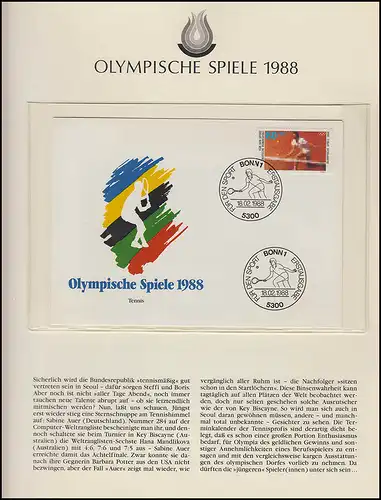 Olympia 1988 Séoul - Bund/Ber., 6 FDC, tennis, patinage artistique, Bonn/ Berlin 18.2.88